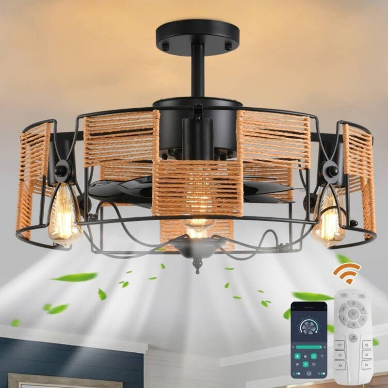 19.6In Caged Ceiling Fan With Light,Boho Rattan Flush Mount Ceiling Fan,Fandelier Ceiling Fan With Remote,Farmhouse Fan Lights Ceiling Fixtures For Kitchen, Bedroom(6 Speed, Timing)-Black