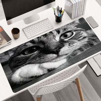  Rubber Mouse Pad, Smooth Microfiber Surface, Non-Slip Base, Rounded Edge Decorative Mouse Mat for Office & Gaming,12×32 Inch ,Black White Cat Resting