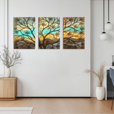 Stained Glass Tree Landscape Canvas Wrapped Wall Art Oil Painting Print Set Of 3
