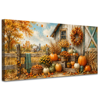 Automne, art mural sur toile d'automne, ferme rustique, peinture, illustrations avec tournesols, vases et citrouilles pour le salon, la chambre à coucher et la décoration intérieure (20 po x 40 po)