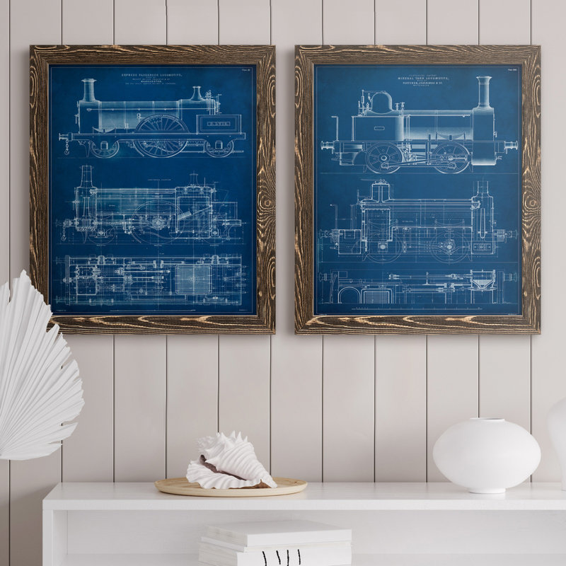«Locomotive Blueprint I», ensemble de 2 impressions encadrées sur toile, H 17 po x l 20 po x P 1 po, Noyer
