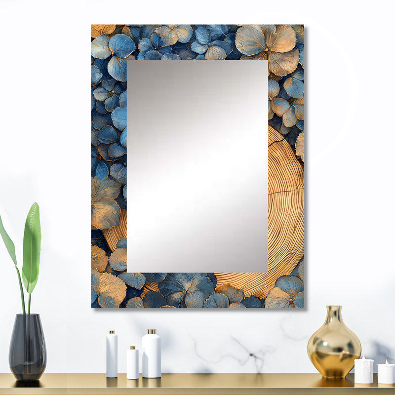 Turquoise hydrangées fleurs sur glissière en bois I - miroir mural hydrangées, miroir décoratif traditionnel, impression d'art en métal