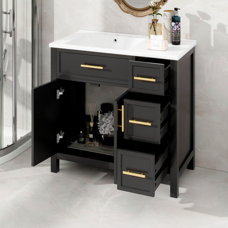 Meuble-lavabo 36 po avec lavabo et tiroir en céramique intégrés, Noir