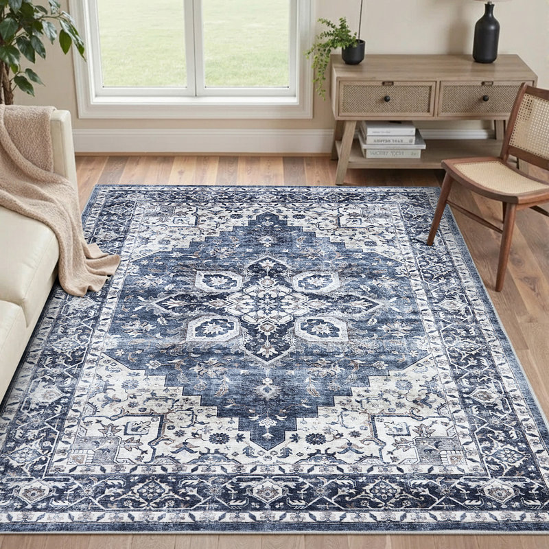 Oriental Inspired Vintage Machine Washable Area Rug with Non-Slip Backing for High Traffic Area, Living Room, Bed Room, Kitchen, Hallway, Entryway Rug