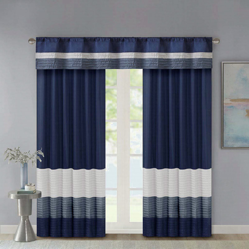 Rideau occultant en polyester Lamaar, Bleu marine/blanc