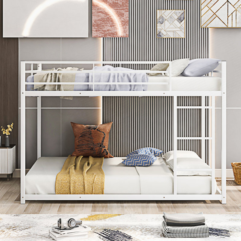 Metal Bunk Bed, Low Bunk Bed With Ladder, White, Full