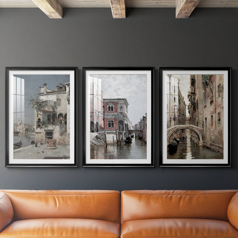Paysage rétro CLIV - impression encadrée sur mesure de qualité supérieure mate - 3 pièces, H 21 po x l 30 po, Noir