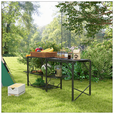 Outsunny Folding Camp Kitchen Table, Portable Camping Cooking Station With Adjustable Lantern Holder, Hanging Hooks And Carrying Bag For Outdoor Picnic Beach BBQ Traveling