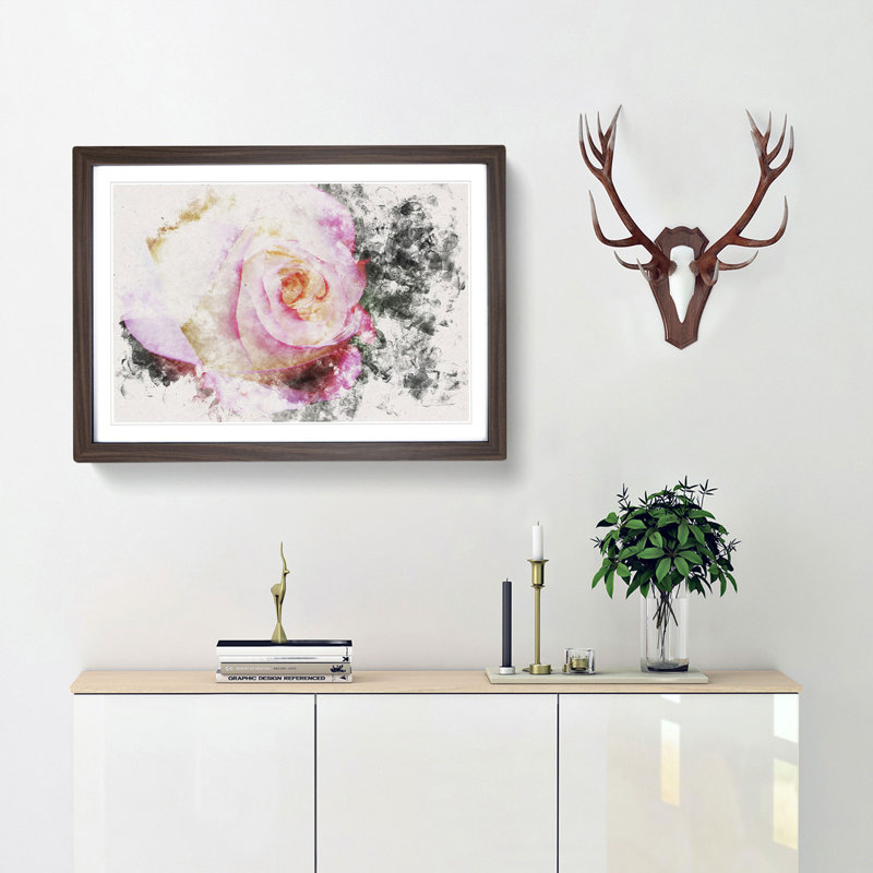 Pink Tipped Rose - Picture Frame Graphic Art Print, 33cm H x 45cm W x 2cm D, Walnut Framed
