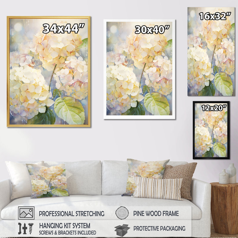 «Blaxlands Yellow Hydrangea Dappled Sunlight», reproduction sur toile, Cadre flottant doré, H 32 po x l 16 po x P 1 po