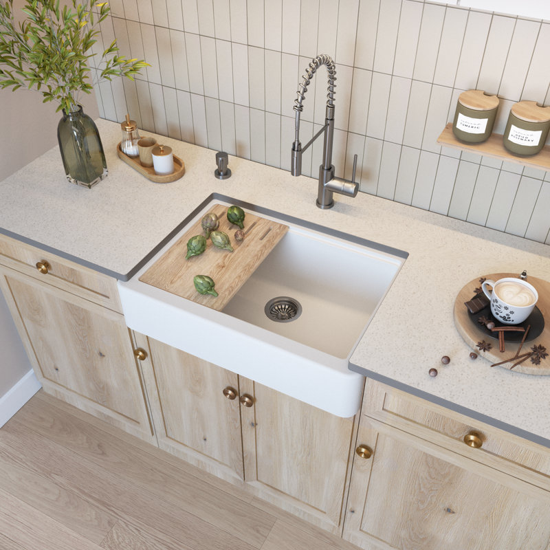 30" Granite Short-Apron Single-Bowl Farmhouse Kitchen Sink In Black Matte, Off-White
