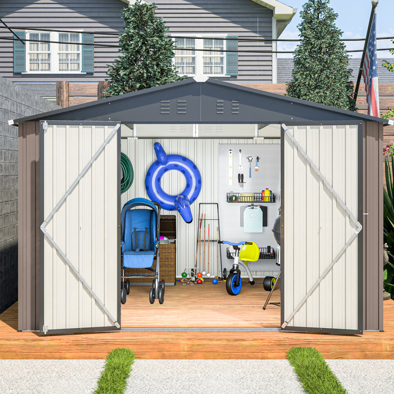 Abri de jardin en métal brun de 3 m de large, avec portes verrouillables et ventilation, idéal pour ranger l'équipement de votre terrasse ou jardin.