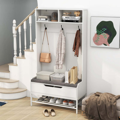 Ebern Designs Tall Hall Tree With Seat Cushion Open Compartments Hooks Lift-top Storage