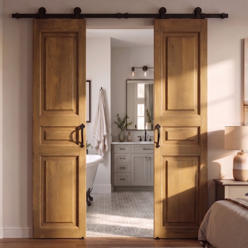 Double Solid Oak Wood Barn Door Set UMBRIA, Cashmere