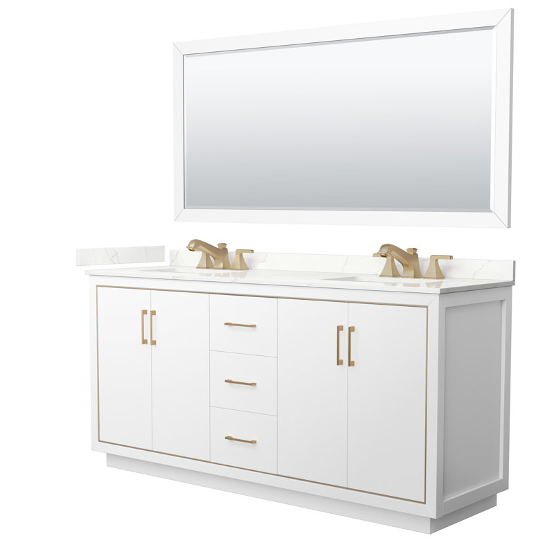 72'' Double Bathroom Vanity with Quartz Top with Mirror, Giotto Quartz, Brushed Nickel, Dark Blue