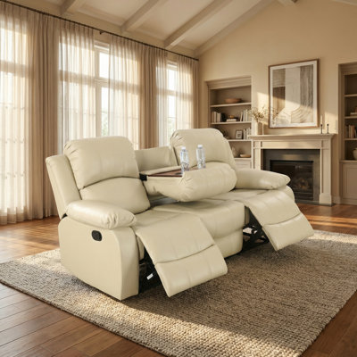 Canapé inclinable 3 places en cuir recyclé beige avec console rabattable et porte-gobelets, structure en bois massif, revêtement respirant, inclinaison réglable pour la détente dans le salon