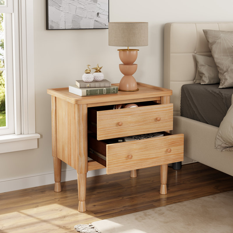 Barker Modern 2-Drawer Nightstand with Tray Top & Solid Wood Legs