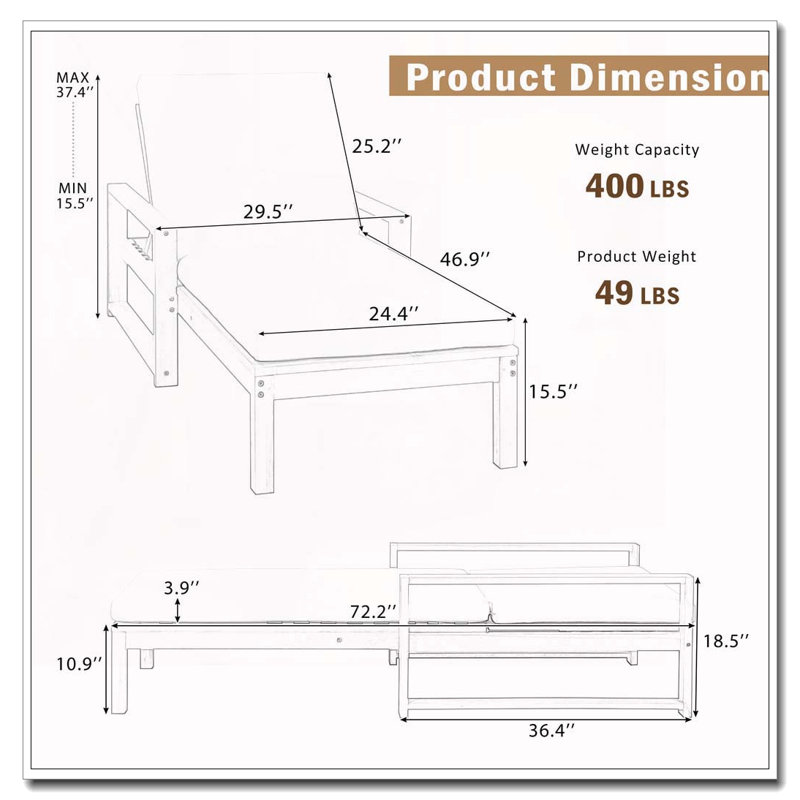 5-Position Adjustable Chaise Lounge Chair with Acacia Wood Frame and 3.9" Thick Cushion, Gray