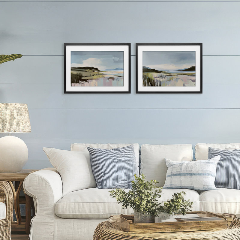 Ensemble de 2 impressions encadrées sous verre Verdant Coastal Waters, design par Elara Yasna, H 14 po x l 20 po