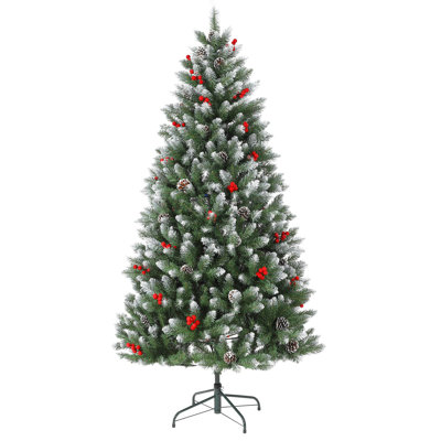 152.4cm/182.88cm Prelit Christmas Tree, Pencil Christmas Tree with Pine Cones, Holly Berries, 240 Warm White Lights-8 Modes, Metal Stand, PE & PVC Xmas Trees for Porch, Church, Office