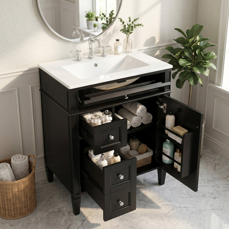 Meuble-lavabo autoportant 24 po en MDF avec lavabo en céramique blanc, armoire de salle de bain noire avec 2 tiroirs, tablettes de porte réglables et tiroir basculant