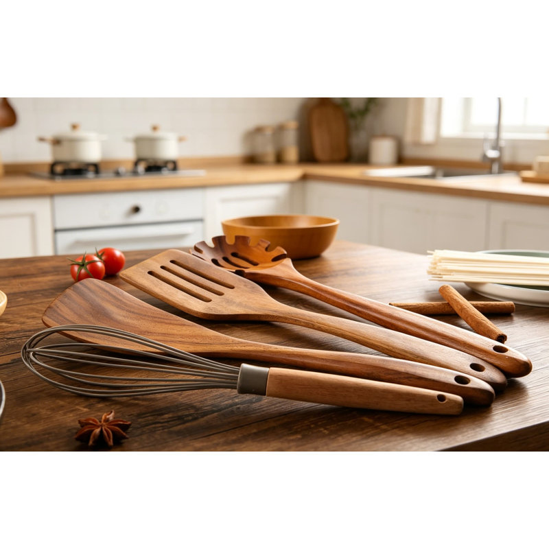 Ensemble d'ustensiles en bois de teck naturel 10 pièces pour la cuisson, ustensiles de cuisine antiadhésifs avec prise confortable, comprend des cuillères, des spatules, une louche et une fourchette