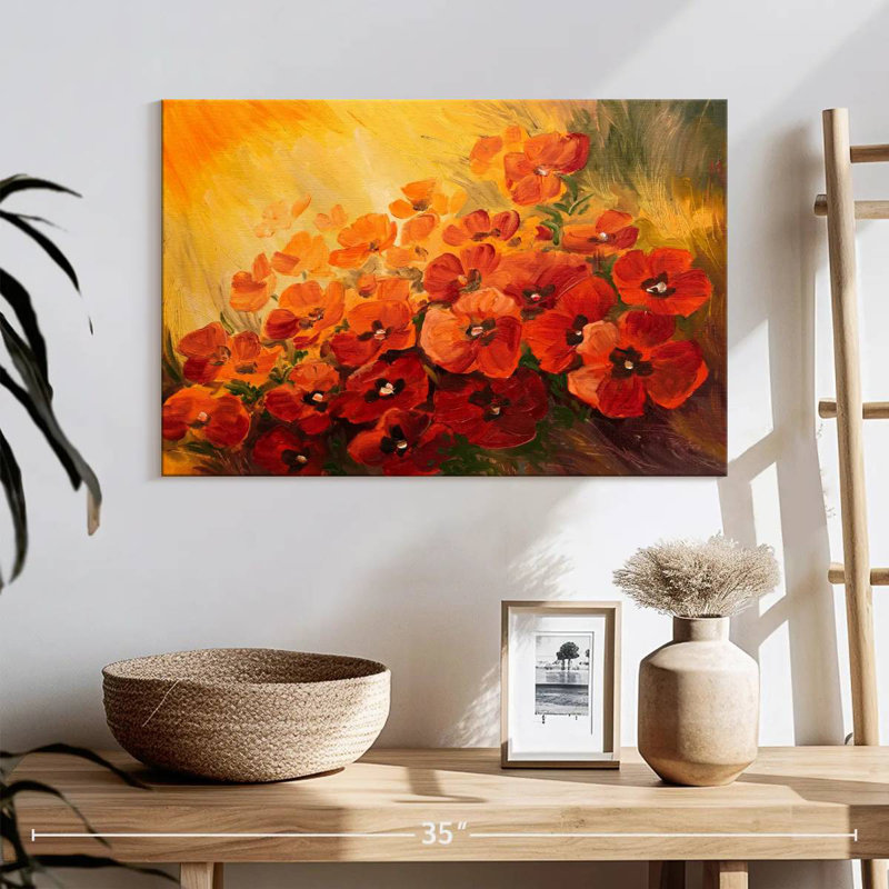 Harnek - coquelicots rouges sur fond jaune, H 16 po x l 24 po