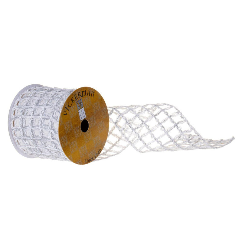 Vickerman 10 Yard Jute and Tinsel Grid Wired Ribbon., 0.1" H x 360" W x 4" D, White