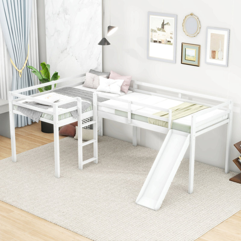 L-Shaped Twin Size Loft Bed With Ladder And Slide, White