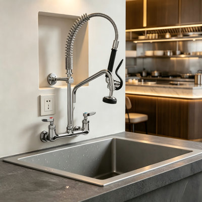 Robinet mural commercial en laiton commercial - espacement central standard de 8 pouces, conception à double jet rétractable - compatible avec les éviers de cuisine de 1 à 3 compartiments