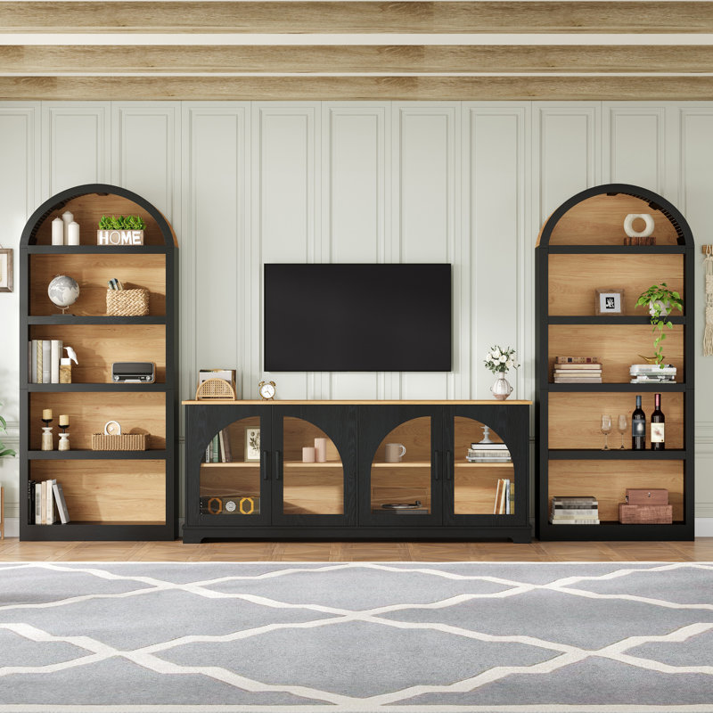 Meuble audio-vidéo North 3 pièces avec bibliothèque et portes en verre trempé, Noir