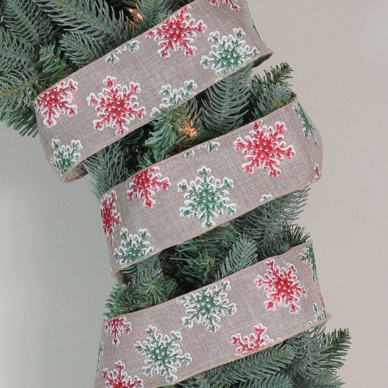 Ruban de Noël rouge et vert en fil de neige tissé en toile de jute 2,5 po x 16 verges