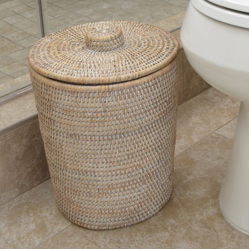 Everard Wicker/Rattan Manual Lift Trash Can, White wash