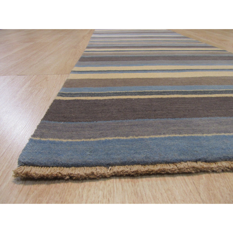 Blue Hand-Knotted Wool Horizon Stripe Geometric Modern Contemporary Carpet Rug, 3' x 5'