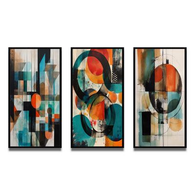 3 Pieces on Canvas - Orange Abstracted Geometric Explorations