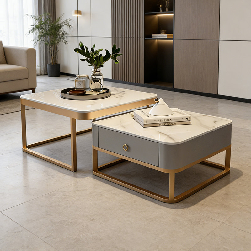 Table basse simple et moderne, H 17 po x L 27,55 po x l 27,55 po, Blanc / Gris, Gold