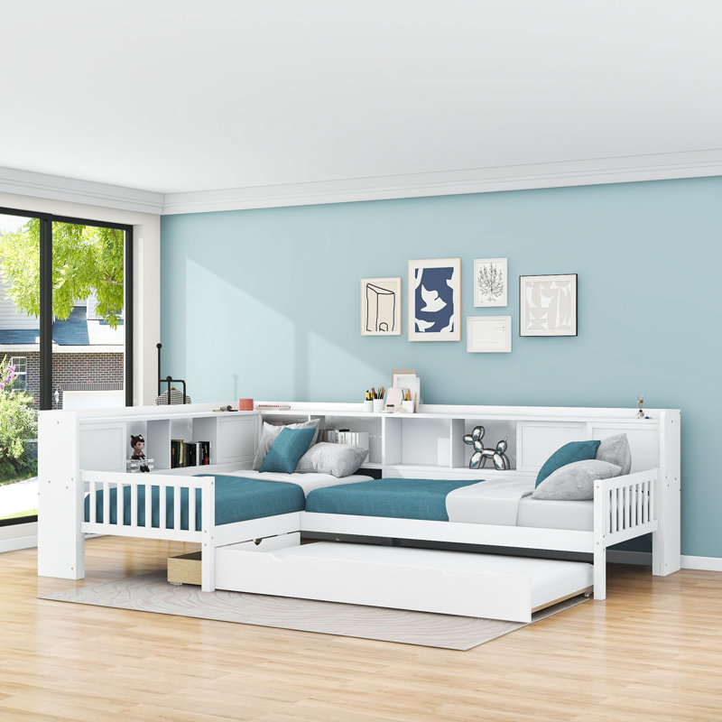 L-Shaped Twin Platform Bed With Twin Trundle And Storage Drawers, White