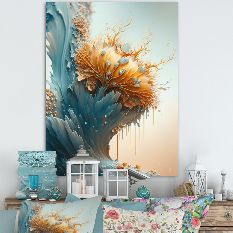 «Abstract Blue and Gold Leaves I», reproduction sur toile, H 32 po x l 24 po x P 1 po, Toile tendue
