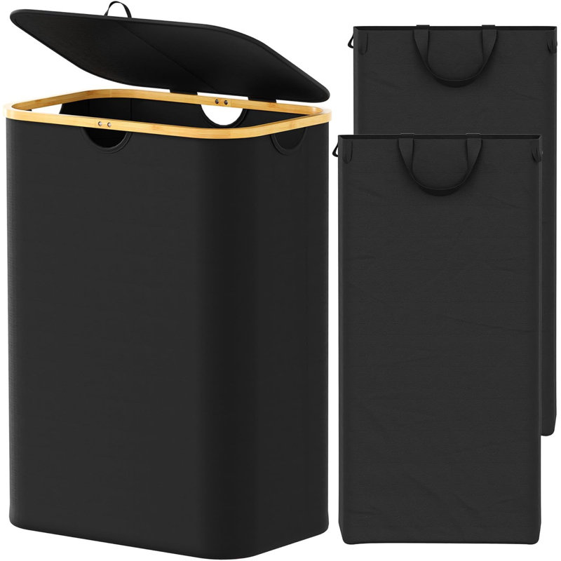 Double Laundry Hamper 2 Section With Lid And Removable Laundry Bags, 160L Clothes Basket With Bamboo Handles, Large Collapsible Hamper For Bedroom, Bathroom, Dorm, Laundry Room - Black