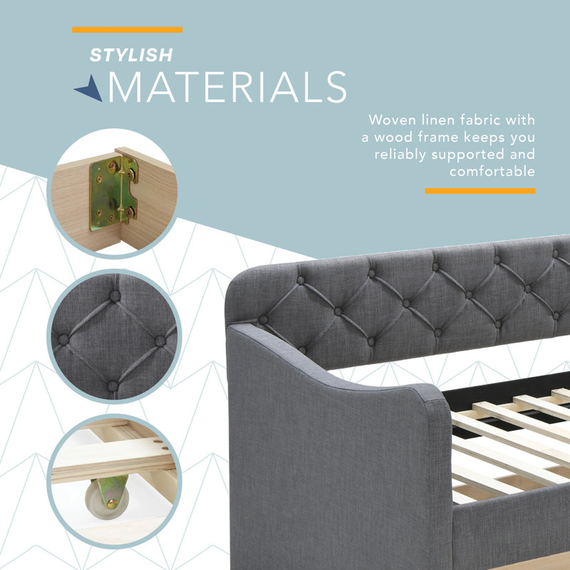 Carmina Upholstered Tufted Daybed Sofa with Roll-Out Twin Trundle Bed, Gray, Dark Gray