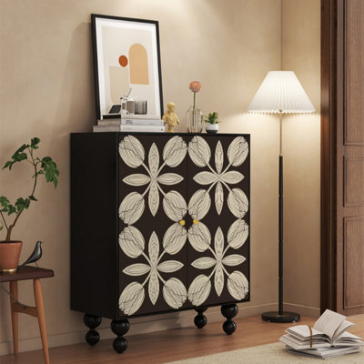 Vintage Floral Solid Wood Entrance Cabinet Solid Wood Accent Cabinet