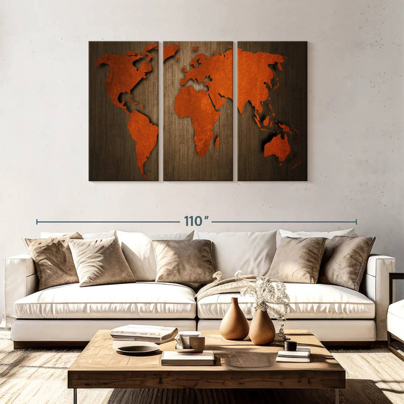 Ancienne carte du monde en bois Aliaz, H 48 po x l 74 po