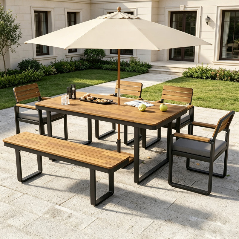 Ensemble de salle à manger de patio en bois massif pour 6 à 7 personnes, trou de parasol inclus, avec 1 table, 4 chaises et 1 banc, coussins gris amovibles