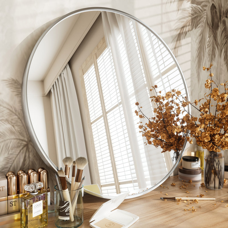 Molly Easy French Cleat Mounting Metal Alloy Wall Round Vanity And Dresser Bathroom Mirror, Silver, 18" x 18"
