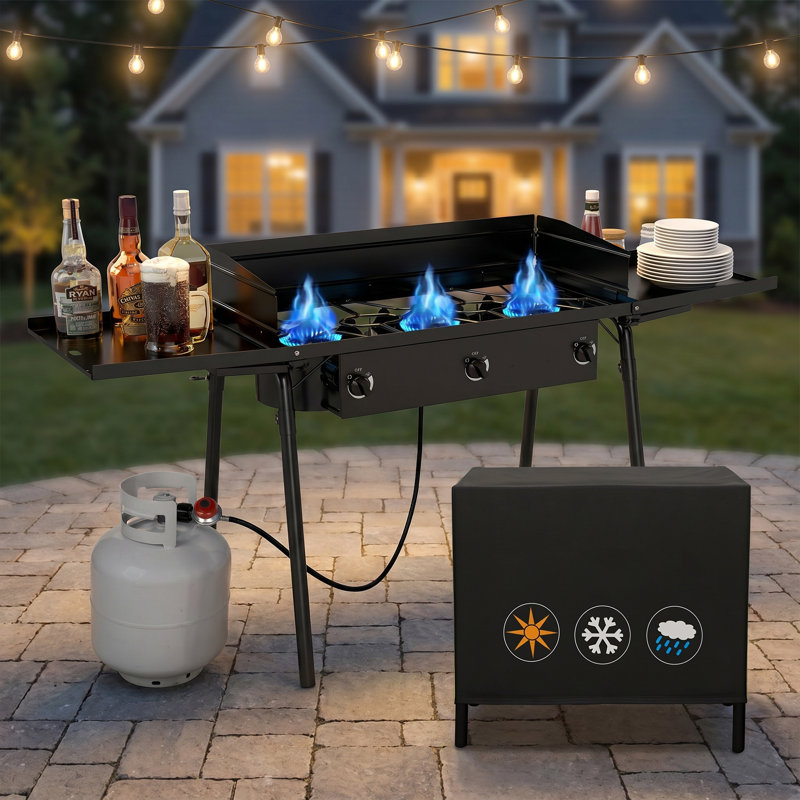 Très grand poêle au propane à 3 brûleurs à haute pression de 65,8 po avec panneau à vent et tablettes latérales, sac