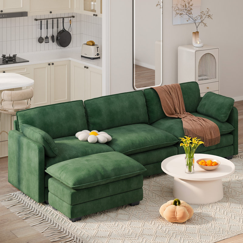 Canapé Cloud 3 places en velours côtelé de 110 pouces, canapé moderne rembourré à compression avec accoudoirs carrés et pouf amovible.
