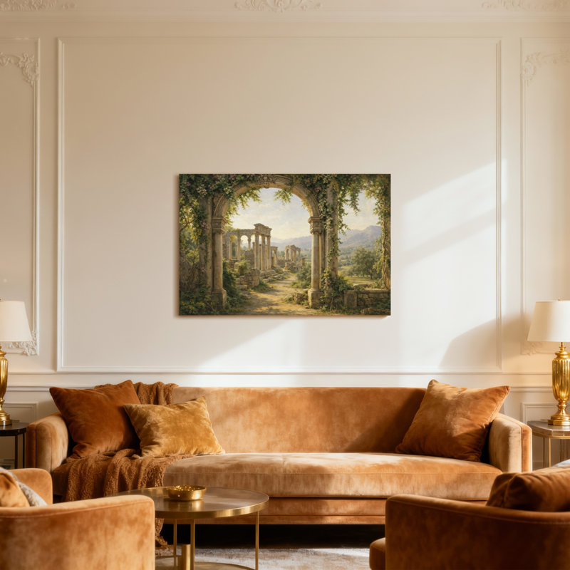 Scénique et paysages urbains Ruines antiques Arche de jardin Paysage vigne couvrant un chemin ensoleillé, H 28 po x l 40 po