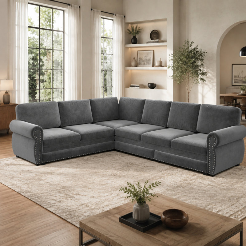Canapé-lit modulaire en chenille en L de 118 po avec lit escamotable Caston, accoudoirs roulés, garniture cloutée, coussins amovibles, canapé convertible 6 places pour le salon, la chambre d'amis ou le bureau