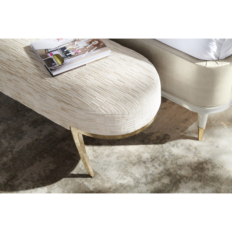 Oval Beige Upholstered Bench with Gold Metal Legs
