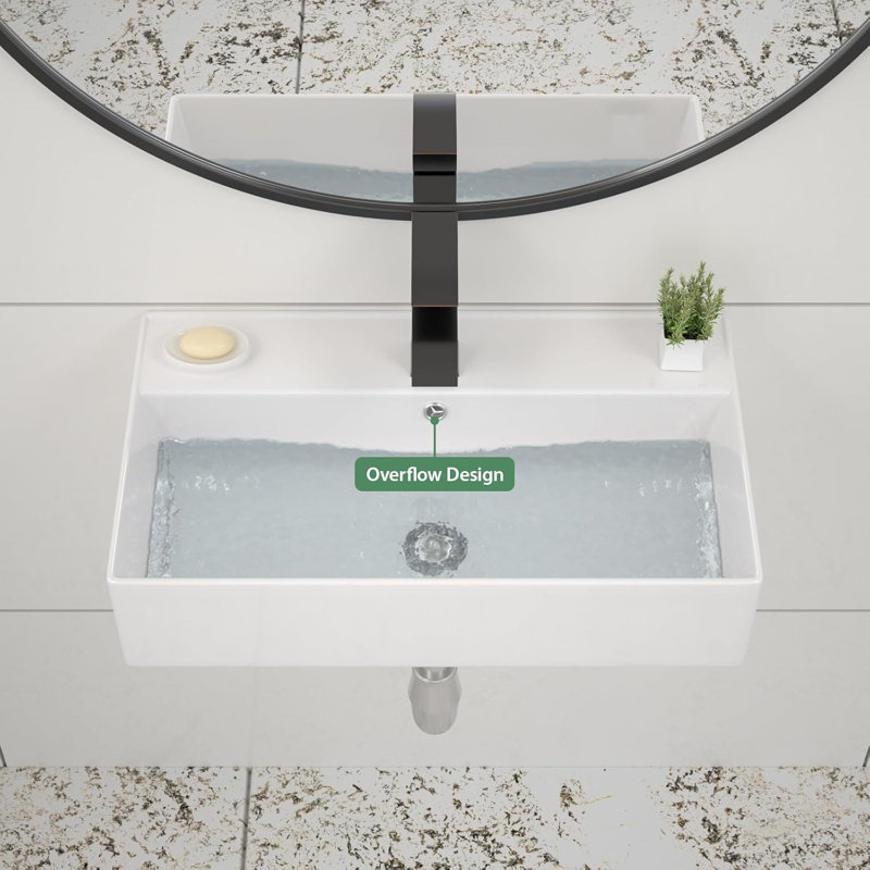 Lavabo de salle de bain mural moderne en céramique rectangulaire avec finition ultrabrillante et trou de trop-plein